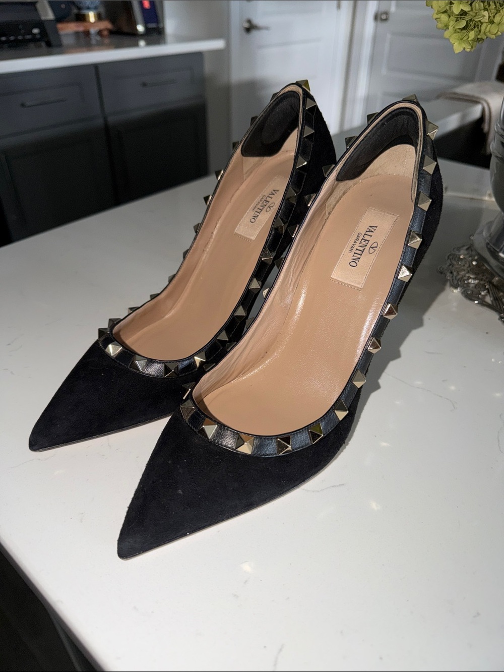 Valentino Black Suede Rockstud Pointed-Toe Pumps